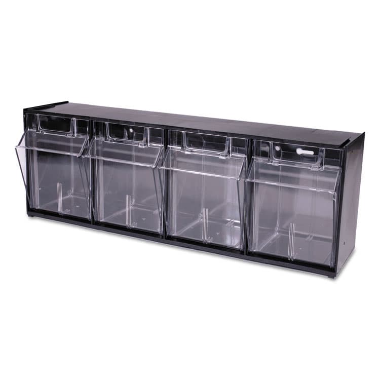 DEFLECTO CORPORATION Tilt Bin Interlocking Multi-Bin Storage Organizer, 4 Sections, 23.63" x 6.63" x 8.13", Black/Clear (DEF20404OP)