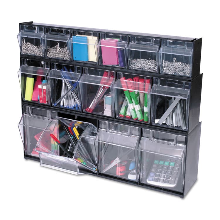 DEFLECTO CORPORATION Tilt Bin Interlocking Multi-Bin Storage Organizer, 6 Sections, 23.63" x 3.63" x 4.5", Black/Clear (DEF20604OP) thumbnail 3
