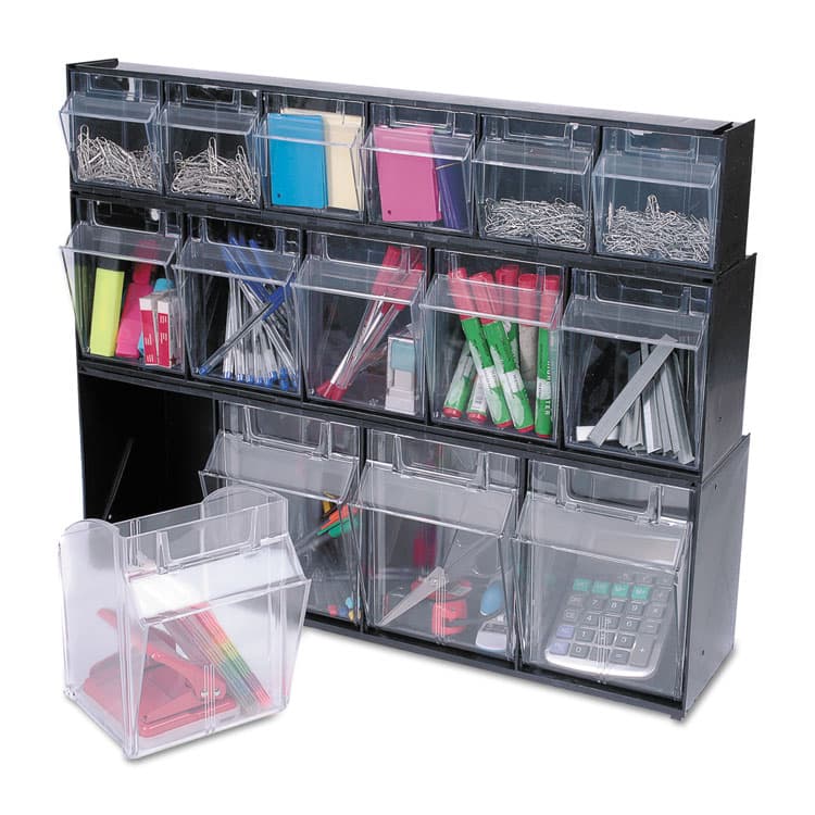 DEFLECTO CORPORATION Tilt Bin Interlocking Multi-Bin Storage Organizer, 4 Sections, 23.63" x 6.63" x 8.13", Black/Clear (DEF20404OP) thumbnail 3