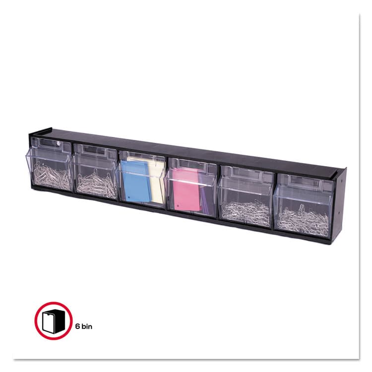 DEFLECTO CORPORATION Tilt Bin Interlocking Multi-Bin Storage Organizer, 6 Sections, 23.63" x 3.63" x 4.5", Black/Clear (DEF20604OP)