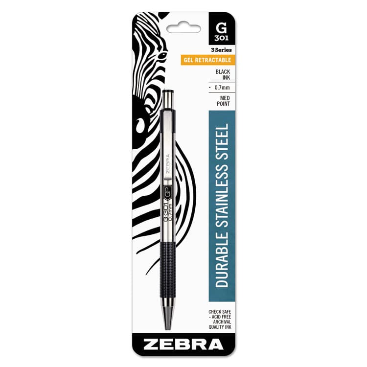 ZEBRA PEN CORP. G-301 Gel Pen, Retractable, Medium 0.7 mm, Black Ink, Stainless Steel/Black Barrel (ZEB41311)