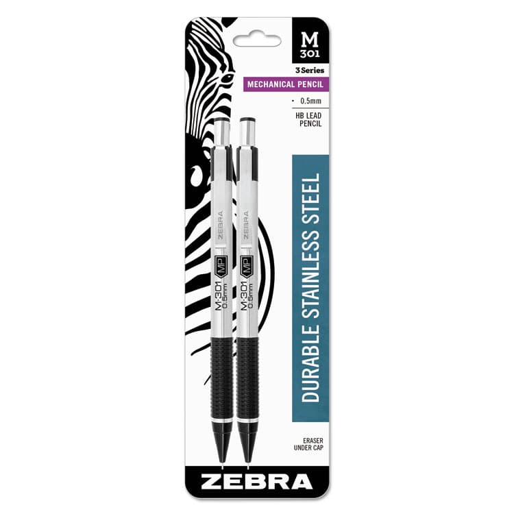 ZEBRA PEN CORP. M-301 Mechanical Pencil, 0.5 mm, HB (#2), Black Lead, Silver/Black Barrel, 2/Pack (ZEB54012)