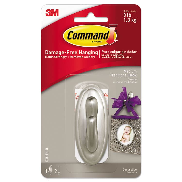 3M/COMMERCIAL TAPE DIV. Medium Traditional Decorative Hooks, Metal, Brushed Nickel, Supports 3 lb (MMM17051BNES)