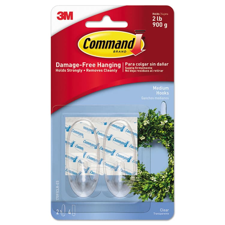 3M/COMMERCIAL TAPE DIV. Medium Clear Hooks, Plastic, Supports 2 lb, 2/Pack (MMM17091CLRES)