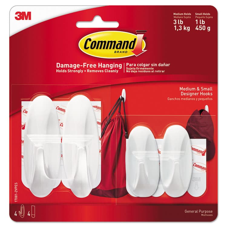 3M/COMMERCIAL TAPE DIV. General Purpose Designer Hooks, Small/Medium, Plastic, White, 1lb and 3 lb Capacities, 4 Hooks and 4 Strips/Pack (MMM170812VPES)