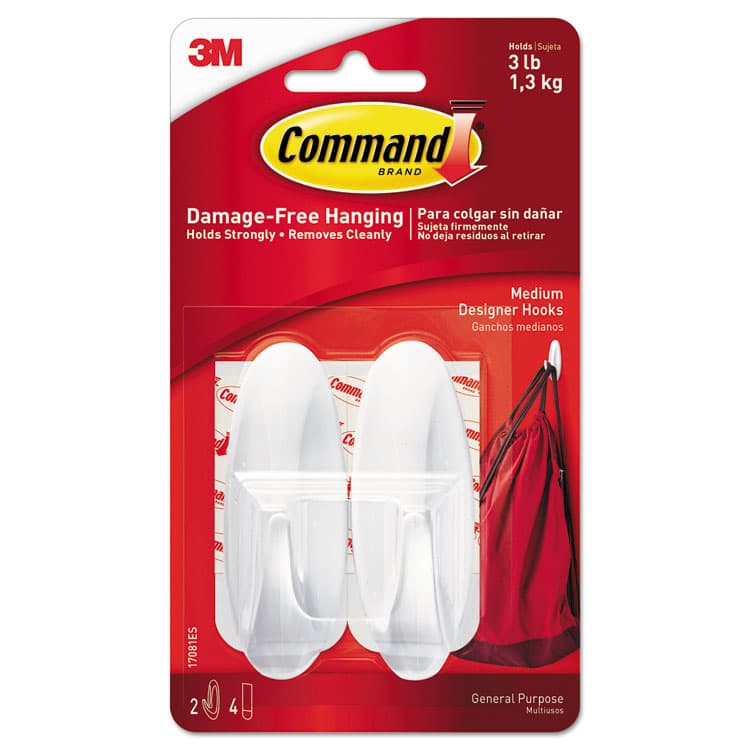 3M/COMMERCIAL TAPE DIV. General Purpose Designer Hooks, Medium, Plastic, White, 3 lb Capacity, 2 Hooks and 4 Strips/Pack (MMM17081ES)