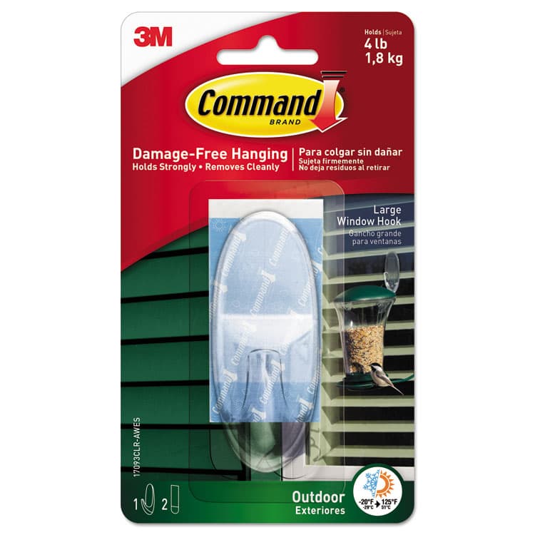 3M/COMMERCIAL TAPE DIV. All Weather Hooks and Strips, Large, Plastic, Clear, 4 lb Capacity, 1 Hook and 2 Strips/Pack (MMM17093CLRAWES)