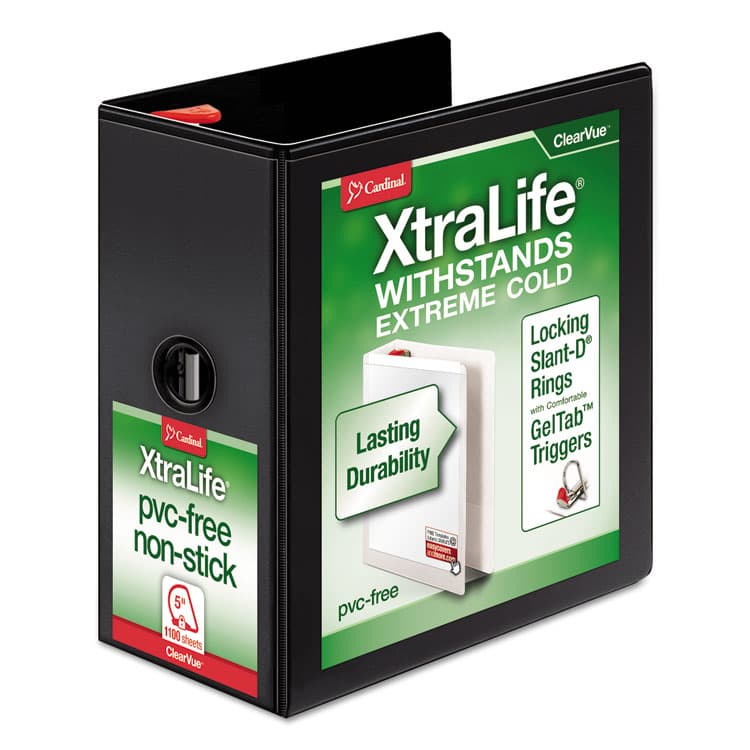 CARDINAL BRANDS . XtraLife ClearVue Non-Stick Slant-D Ring Binder, 3 Rings, 5" Capacity, 11 x 8.5, Black (CRD26351)