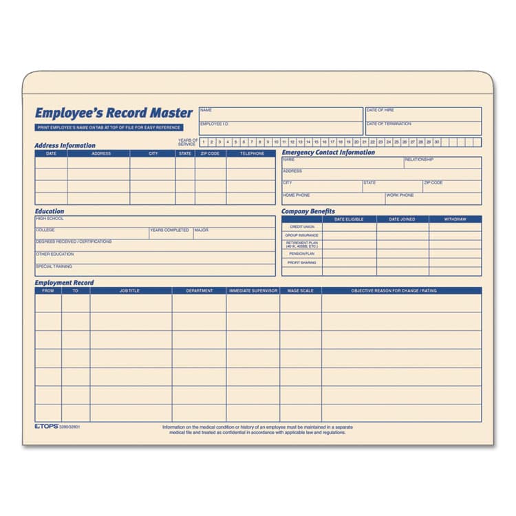 TOPS BUSINESS FORMS Employee Record Master File Jacket, Straight Tab, Letter Size, Manila, 20/Pack (TOP3280)