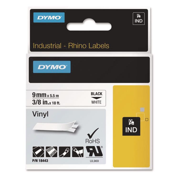 DYMO Rhino Permanent Vinyl Industrial Label Tape, 0.37" x 18 ft, White/Black Print (DYM18443)