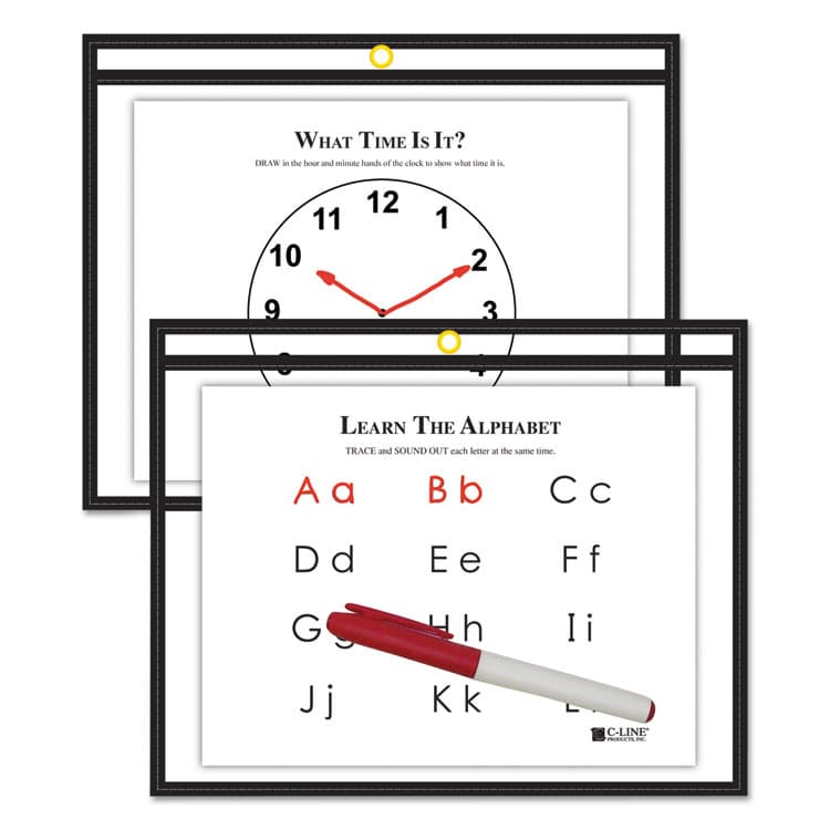 C-LINE PRODUCTS, Reusable Dry Erase Pockets, Super Heavy-Duty, Top Load 12 x 9 Insert, Clear Front, Black Border (CLI40711)