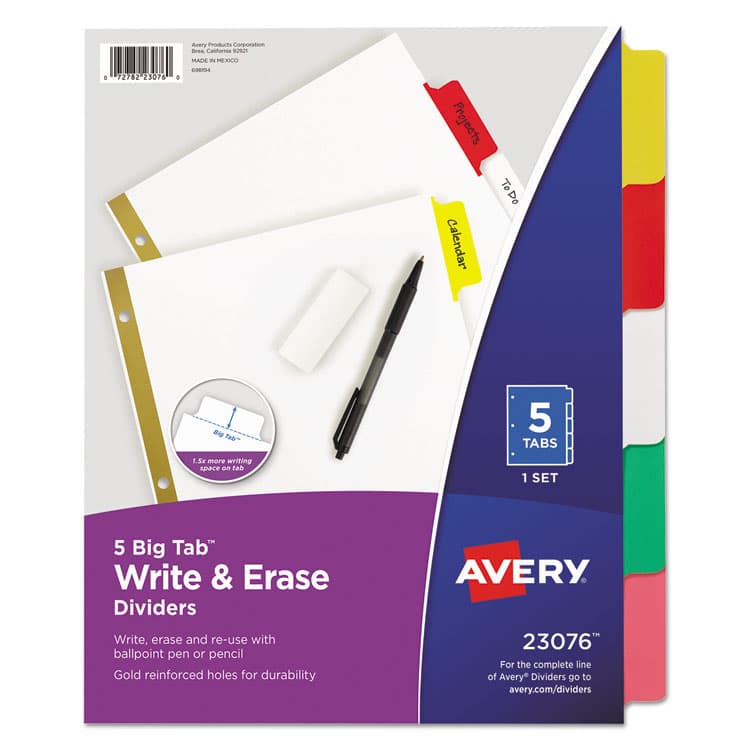AVERY PRODUCTS CORPORATION Write and Erase Big Tab Paper Dividers, 5-Tab, 11 x 8.5, White, Assorted Tabs, 1 Set (AVE23076)