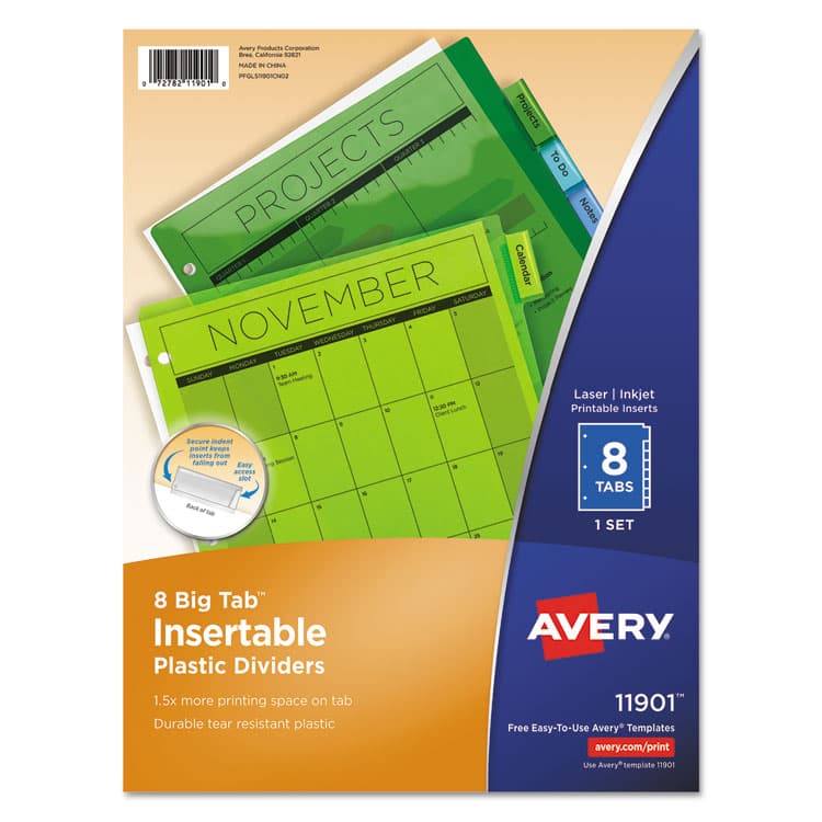 AVERY PRODUCTS CORPORATION Insertable Big Tab Plastic Dividers, 8-Tab, 11 x 8.5, Assorted, 1 Set (AVE11901)
