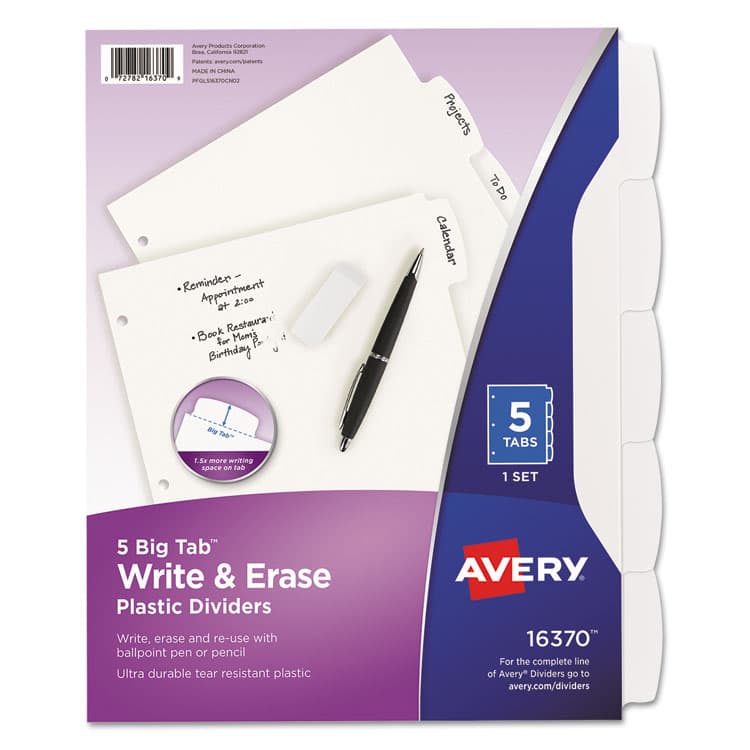 AVERY PRODUCTS CORPORATION Write and Erase Big Tab Durable Plastic Dividers, 3-Hole Punched, 5-Tab, 11 x 8.5, White, 1 Set (AVE16370)