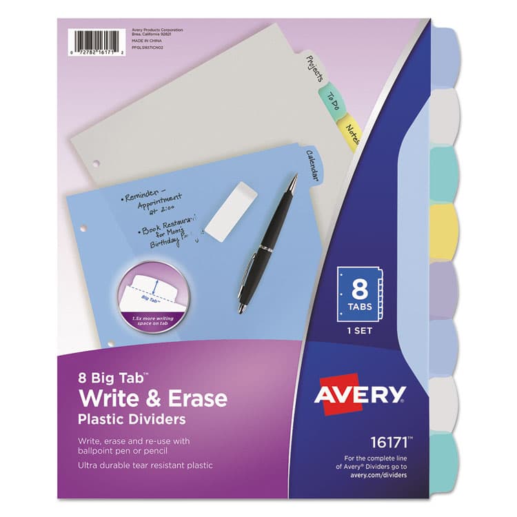 AVERY PRODUCTS CORPORATION Write and Erase Big Tab Durable Plastic Dividers, 3-Hole Punched, 8-Tab, 11 x 8.5, Assorted, 1 Set (AVE16171)
