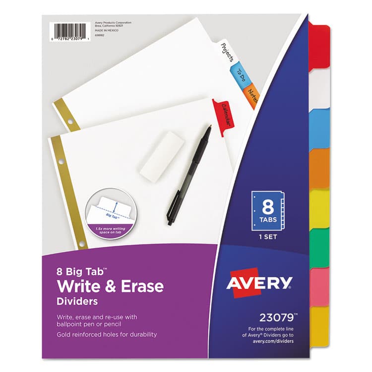 AVERY PRODUCTS CORPORATION Write and Erase Big Tab Paper Dividers, 8-Tab, 11 x 8.5, White, Assorted Tabs,1 Set (AVE23079)