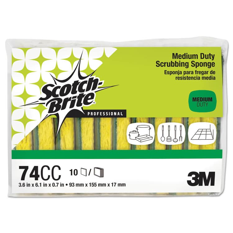 3M/COMMERCIAL TAPE DIV. Medium-Duty Scrubbing Sponge 74, 3.6 x 6.1, 0.7" Thick, Yellow/Green, 10/Pack (MMM74CC)