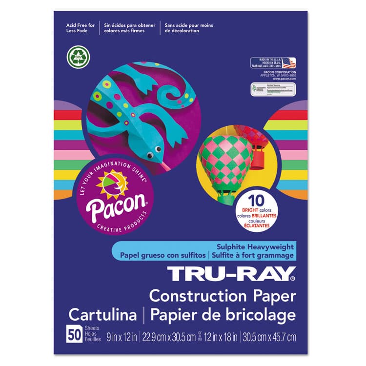 PACON CORPORATION Tru-Ray Construction Paper, 76 lb Text Weight, 12 x 18, Assorted Bright Colors, 50/Pack (PAC102941)