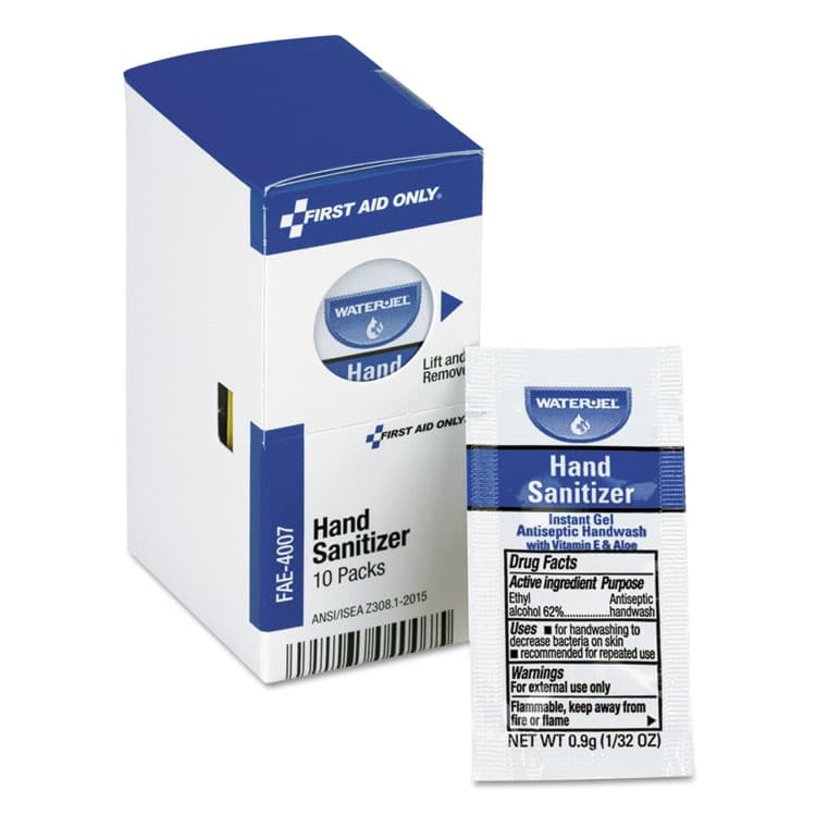 FIRST AID ONLY, . Gel Hand Sanitizer Packets for SmartCompliance First Aid Kits, 0.9 g, Clean Scent, 10/Box (FAOFAE4007)