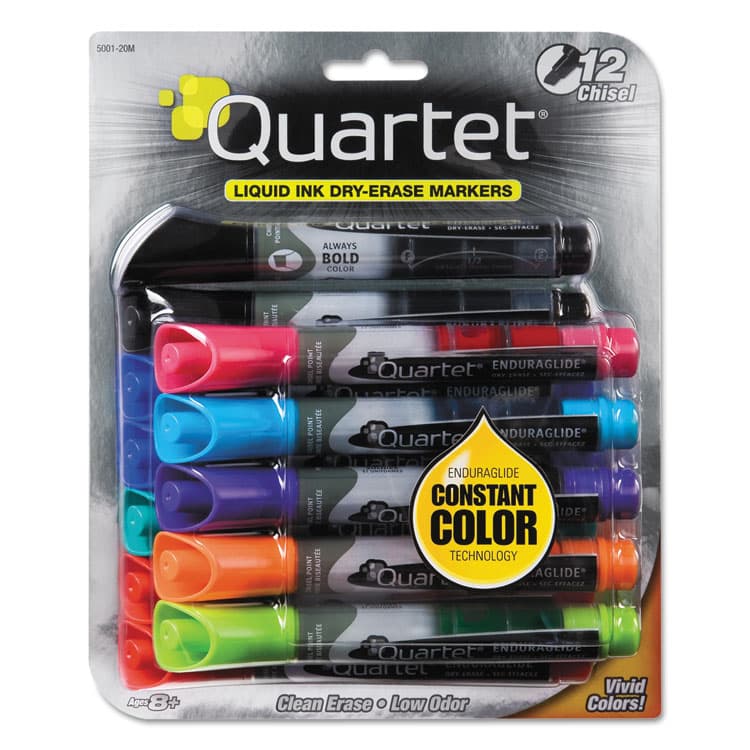 QUARTET MFG. EnduraGlide Dry Erase Marker, Broad Chisel Tip, Nine Assorted Colors, 12/Set (QRT500120M)