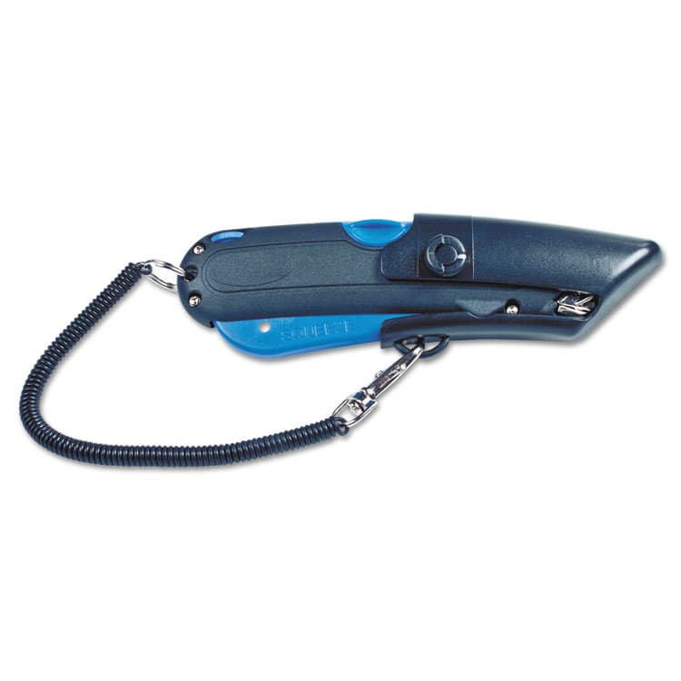 CONSOLIDATED STAMP Easycut Self-Retracting Cutter with Safety-Tip Blade, Holster and Lanyard, 6" Plastic Handle, Black/Blue (COS091524) thumbnail 2