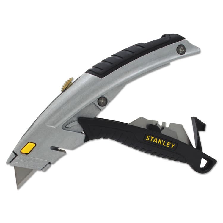 STANLEY BOSTITCH Curved Quick-Change Utility Knife, Stainless Steel Retractable Blade, 3 Blades, 6.63" Metal Handle, Black/Chrome (BOS10788) thumbnail 3