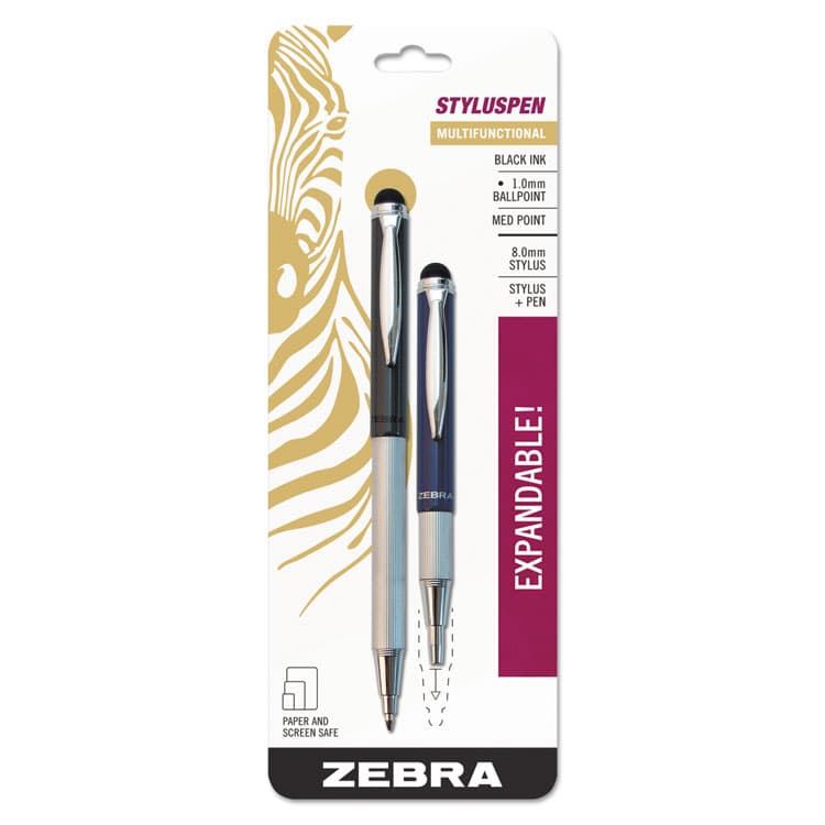 ZEBRA PEN CORP. StylusPen Telescopic Ballpoint Pen/Stylus, Retractable, Medium 1 mm, Black Ink, Blue/Gray Barrel, 2/Pack (ZEB33602) thumbnail 2