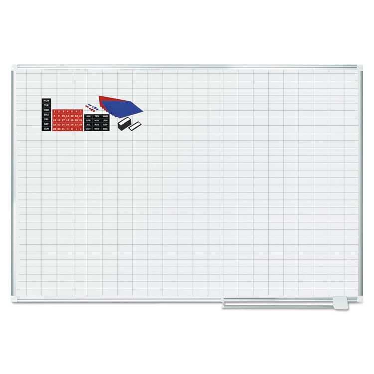 BI-SILQUE VISUAL COMMUNICATION PRODUCTS Gridded Magnetic Steel Dry Erase Project Planning Board, w/Accs, 1" x 2" Cell, 72" x 48", White Surface, Satin Aluminum Frame (BVCMA2792830A)