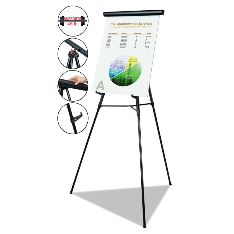 BI-SILQUE VISUAL COMMUNICATION PRODUCTS Heavy-Duty Telescoping Tripod Display Easel, 38" to 69" Tall, Metal, Black, Supports Up to 45 lb (BVCFLX05101MV)