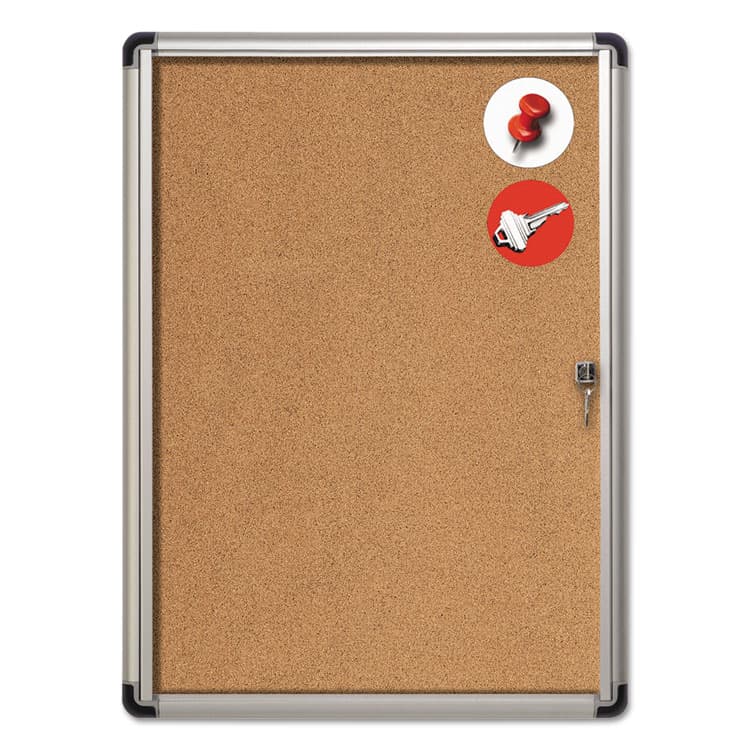 BI-SILQUE VISUAL COMMUNICATION PRODUCTS Slim-Line Enclosed Cork Bulletin Board with One Door, 28" x 38", Tan Surface, Satin Aluminum Frame (BVCVT630101690) thumbnail 2