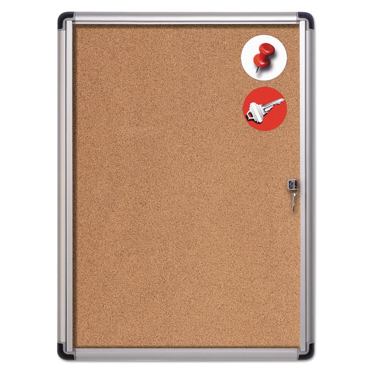 BI-SILQUE VISUAL COMMUNICATION PRODUCTS Slim-Line Enclosed Cork Bulletin Board with One Door, 28" x 38", Tan Surface, Satin Aluminum Frame (BVCVT630101690)