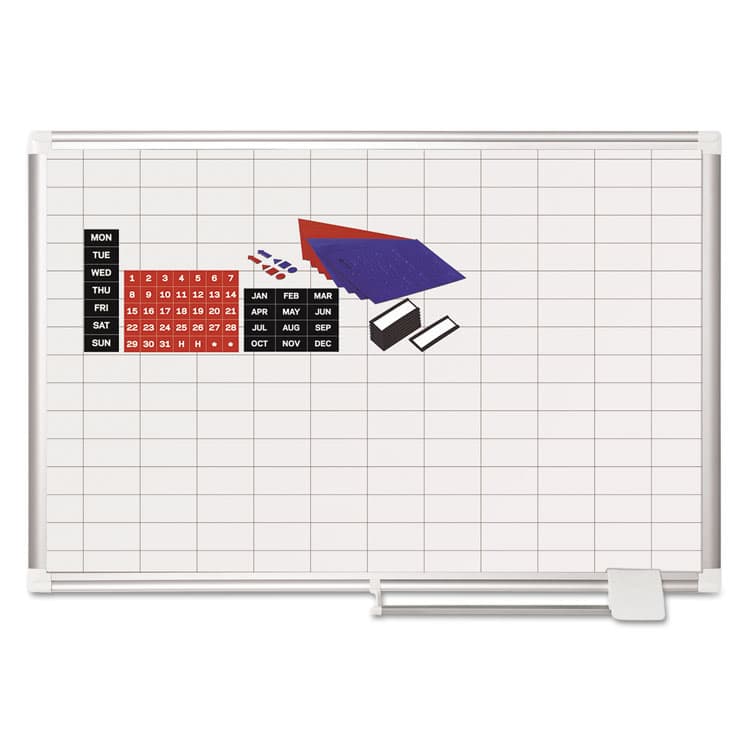 BI-SILQUE VISUAL COMMUNICATION PRODUCTS Gridded Magnetic Steel Dry Erase Project Planning Board, 1" x 2" Cells, 36" x 24", White Surface, Satin Aluminum Frame (BVCMA0392830A)