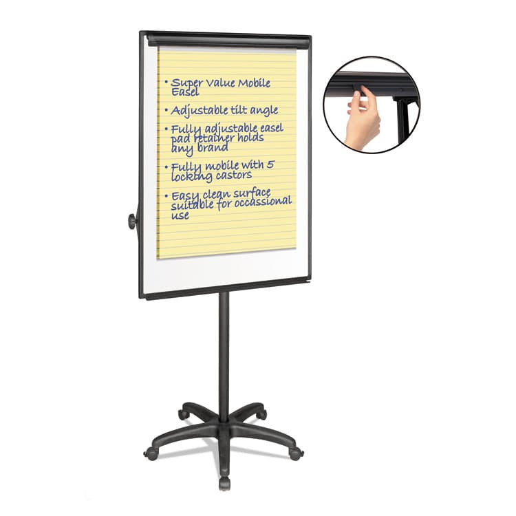 BI-SILQUE VISUAL COMMUNICATION PRODUCTS Silver Easy Clean Dry Erase Mobile Presentation Easel, 27.5" x 39", White Surface, Black Aluminum/Steel Frame (BVCEA4800055)