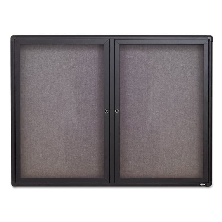 ACCO BRANDS, . Enclosed Indoor Fabric Bulletin Board with Two Hinged Doors, 48" x 36", Gray Surface, Graphite Gray Aluminum Frame (QRT2364L)