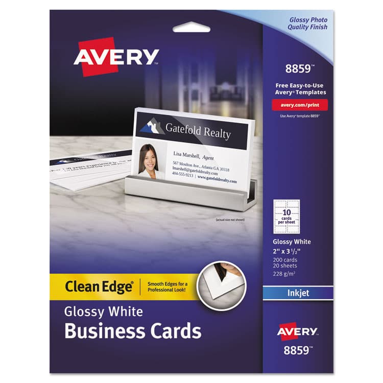AVERY PRODUCTS CORPORATION True Print Premium Clean Edge Business Cards, Inkjet, 2 x 3.5, Glossy White, 10 Cards Sheet, 20 Sheets/Pack (AVE8859)