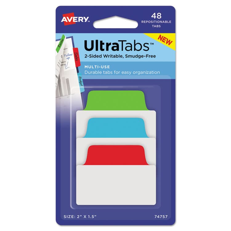AVERY PRODUCTS CORPORATION Ultra Tabs Repositionable Tabs, Standard: 2" x 1.5", 1/5-Cut, Assorted Colors (Blue, Green and Red), 48/Pack (AVE74757)