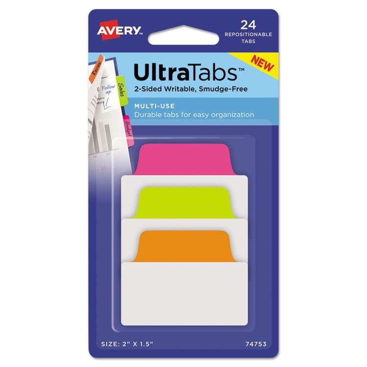 AVERY PRODUCTS CORPORATION Ultra Tabs Repositionable Tabs, Standard: 2" x 1.5", 1/5-Cut, Assorted Neon Colors, 24/Pack (AVE74753)