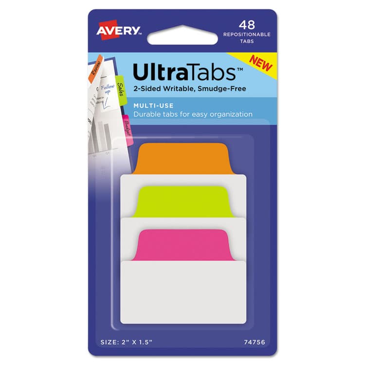AVERY PRODUCTS CORPORATION Ultra Tabs Repositionable Tabs, Standard: 2" x 1.5", 1/5-Cut, Assorted Neon Colors, 48/Pack (AVE74756)