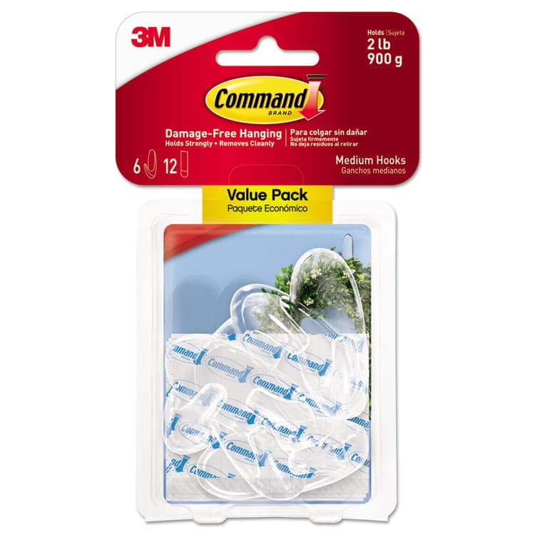 3M/COMMERCIAL TAPE DIV. Medium Clear Hooks, Plastic, Supports 2 lb, 6/Pack (MMM17091CLR6ES)