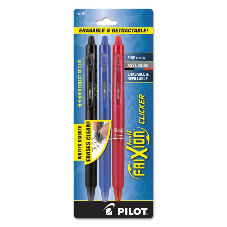 PILOT CORP. OF AMERICA FriXion Clicker Erasable Gel Pen, Retractable, Fine 0.7 mm, Assorted Business Ink and Barrel Colors, 3/Pack (PIL31467)