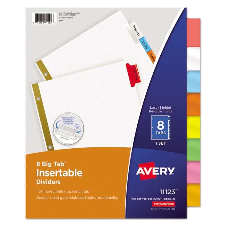 AVERY PRODUCTS CORPORATION Insertable Big Tab Dividers, 8-Tab, Double-Sided Gold Edge Reinforcing, 11 x 8.5, White, Assorted Tabs, 1 Set (AVE11123)