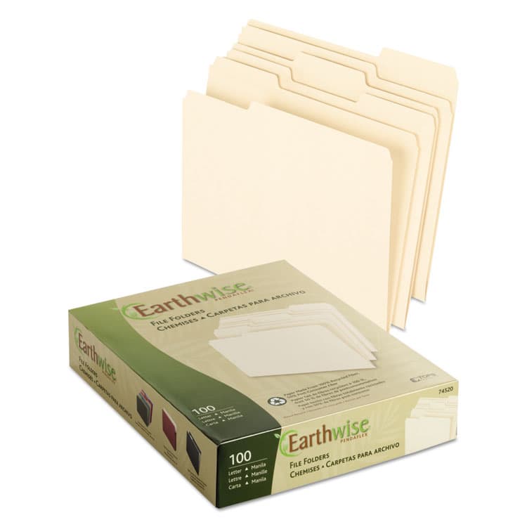 TOPS BUSINESS FORMS Earthwise by Pendaflex 100% Recycled Manila File Folder, 1/3-Cut Tabs: Assorted, Letter, 0.75" Expansion, Manila, 100/Box (PFX74520)