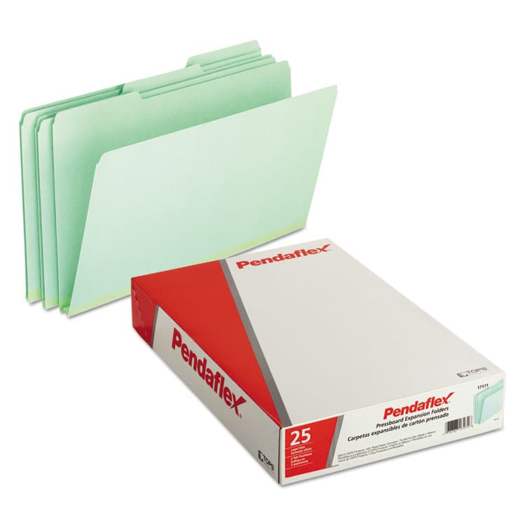 TOPS BUSINESS FORMS Pressboard Expanding File Folders, 1/3-Cut Tabs: Assorted, Legal Size, 1" Expansion, Green, 25/Box (PFX17171) thumbnail 2