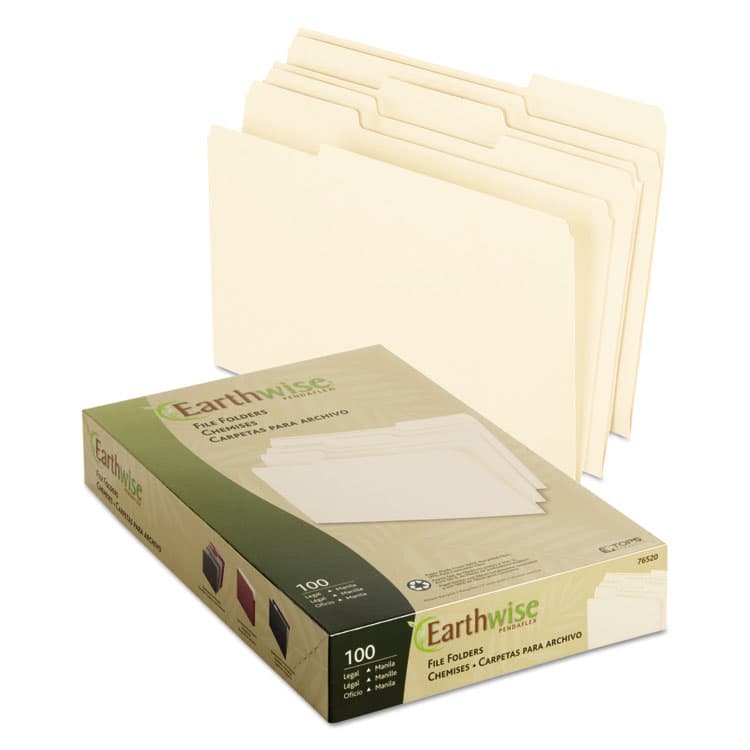 TOPS BUSINESS FORMS Earthwise by Pendaflex 100% Recycled Manila File Folder, 1/3-Cut Tabs: Assorted, Legal Size, 0.75" Expansion, Manila, 100/Box (PFX76520) thumbnail 2