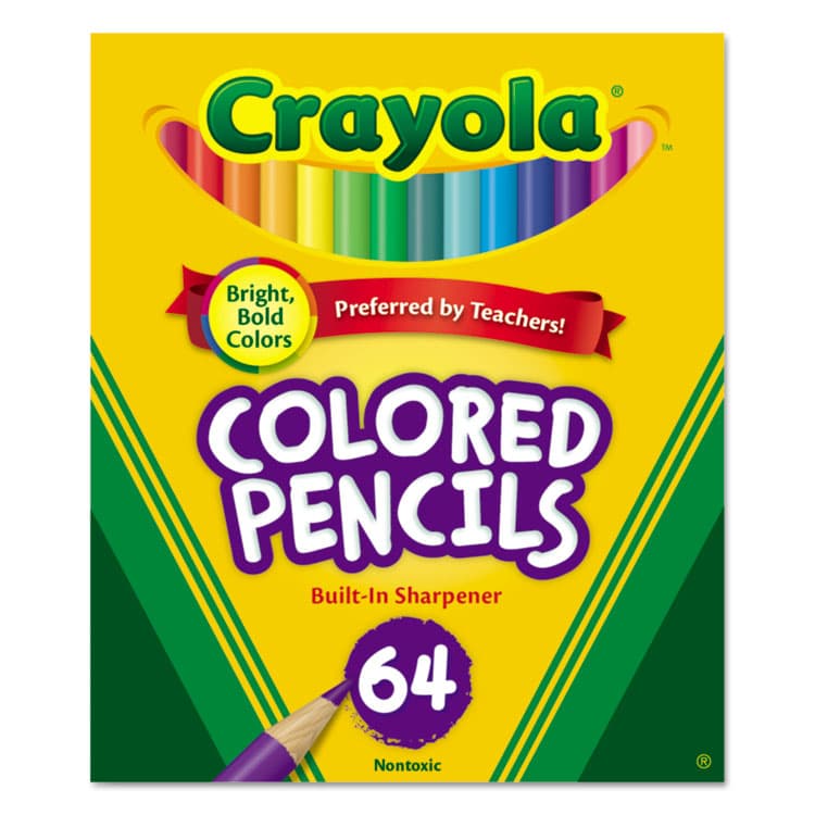 BINNEY & SMITH / CRAYOLA Short Colored Pencils Hinged Top Box with Built-in Pencil Sharpener, 3.3 mm, 2B, Assorted Lead and Barrel Colors, 64/Pack (CYO683364)