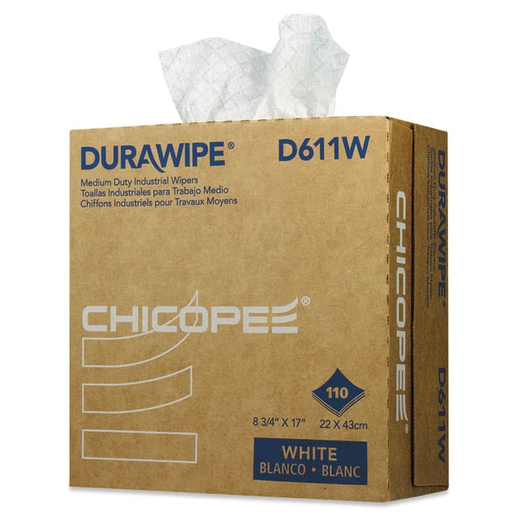 CHICOPEE, Durawipe Medium-Duty Industrial Wipers, 3-Ply, 8.8 x 17, White, 110/Box, 12 Box/Carton (CHID611W)