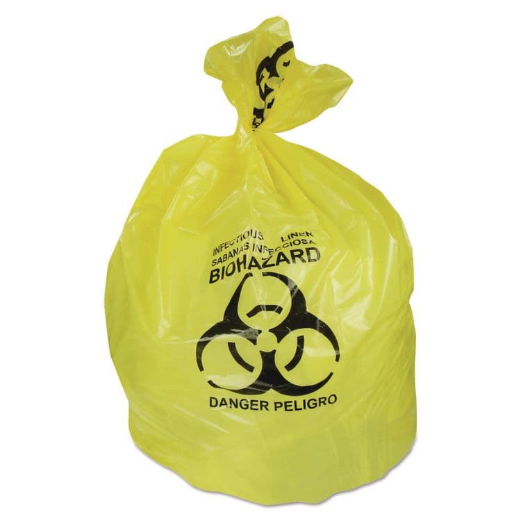 HERITAGE Healthcare Biohazard Printed Can Liners, Biohazard Infectious Waste, 30 gal, 1.3 mil, 30" x 43", Yellow, Flat Pack, 200/CT (HERA6043PY)
