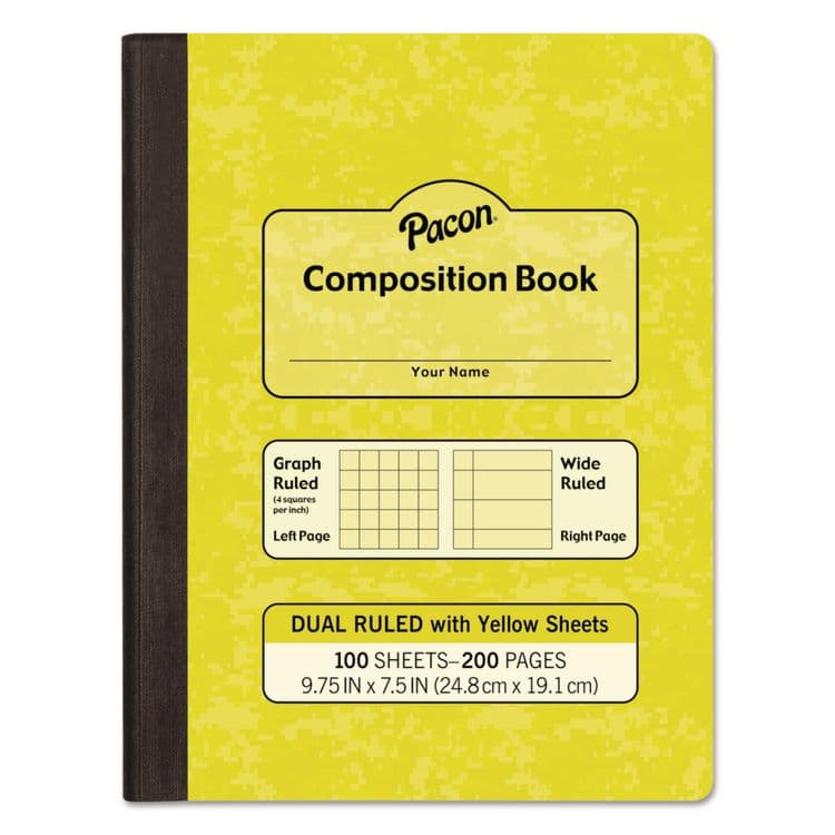 PACON CORPORATION Dual Ruled Composition Book, Left: Quad Rule (4 sq/in), Right: Wide/Legal Rule (3/8"), Yellow Cover, (100) 9.75 x 7.5 Sheets (PACMMK37163) thumbnail 3