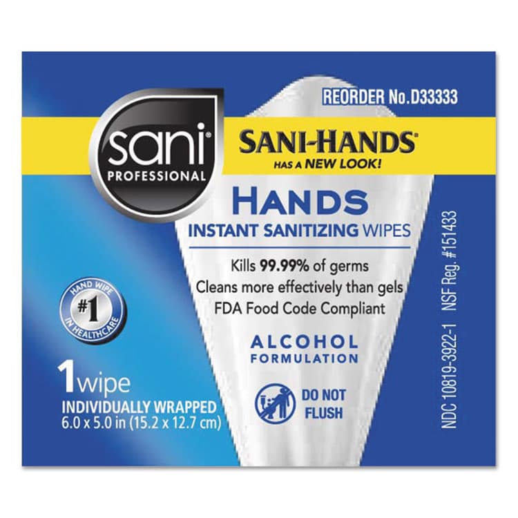 NICE-PAK PRODUCTS, Hands Instant Sanitizing Wipes, Individually Wrapped Wipes, 1-Ply, 5 x 7.75, Unscented, White, 3,000 Packets/Carton (NICD33333)