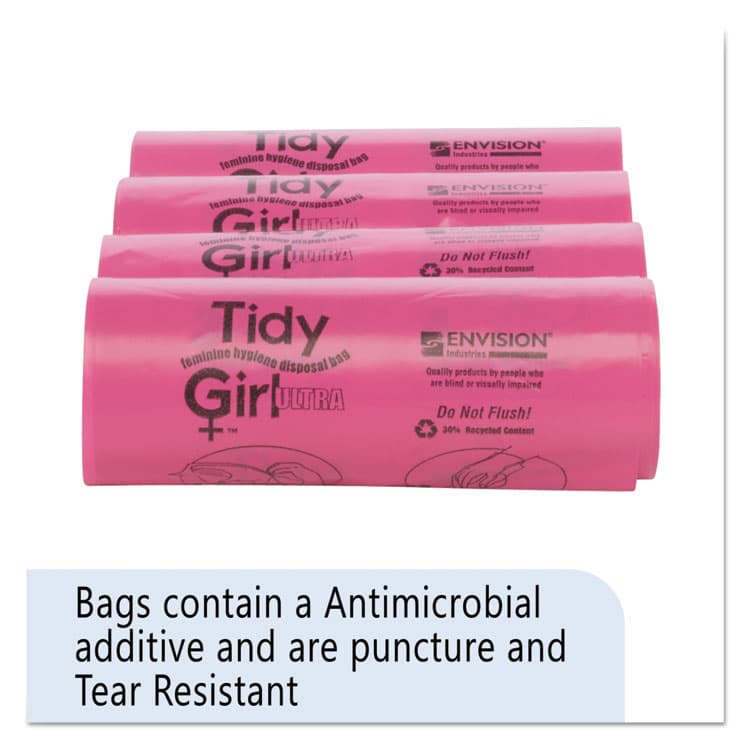 STOUT Feminine Hygiene Sanitary Disposal Bags, 4" x 4" x 10", Pink/Black, 150 Bags/Roll, 4 Rolls/Carton (STOTGUF)